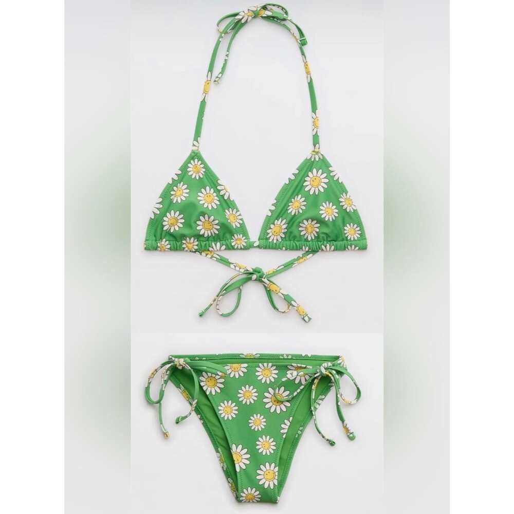 NWT Aerie FULL SET Smiley® String Triangle Top + Cheekiest Bottom Daisy Green M